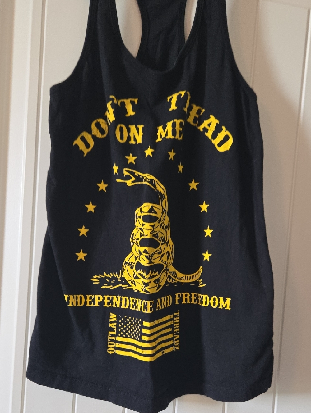 Black Tank Top with Yellow "Don't Tread On Me" Graphic
